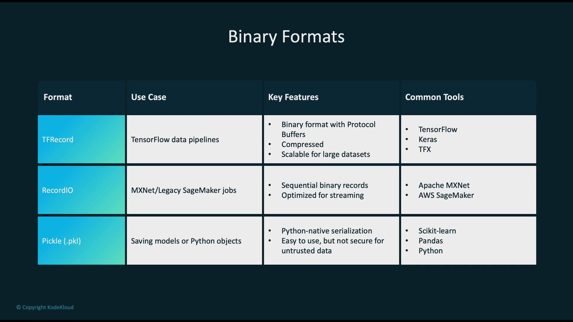 The image is a table comparing binary formats, highlighting the use cases, key features, and common tools for TFRecord, RecordIO, and Pickle (.pkl).