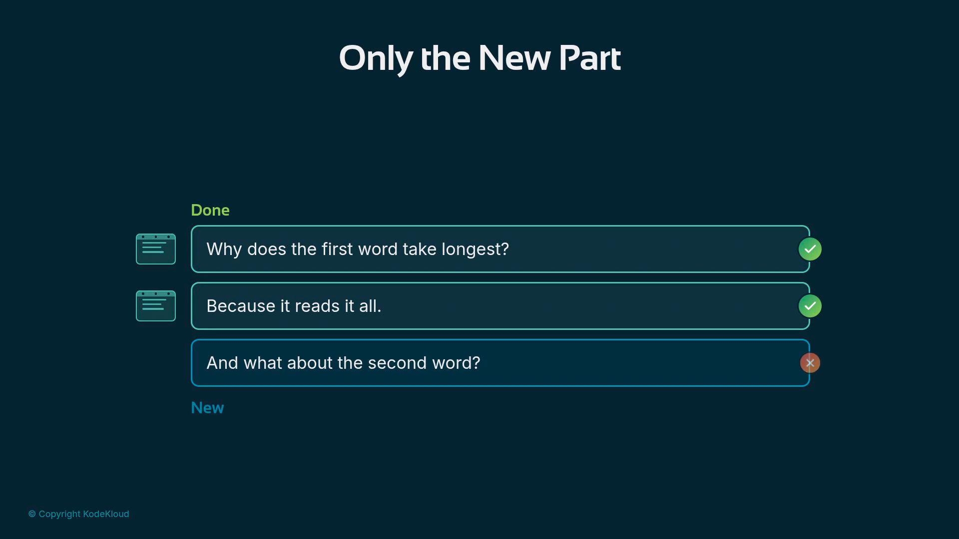 A dark-blue UI screen titled "Only the New Part" showing three message boxes. The first two messages have green checkmarks ("Why does the first word take longest?" and "Because it reads it all."), while the third ("And what about the second word?") has a red X.
