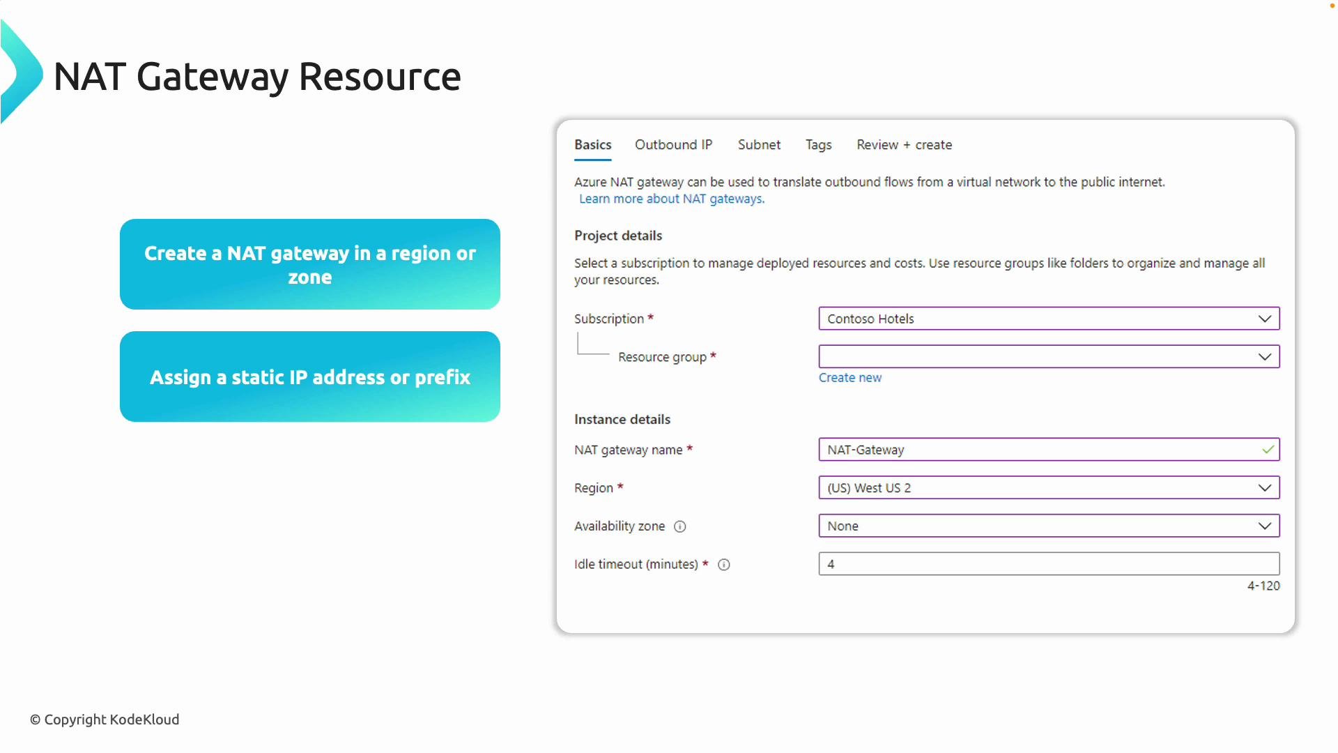 The image is a guide for creating a NAT Gateway Resource in Azure, showing steps to set up project and instance details like subscription, region, and NAT gateway name. It also includes options for creating a NAT gateway and assigning a static IP address.