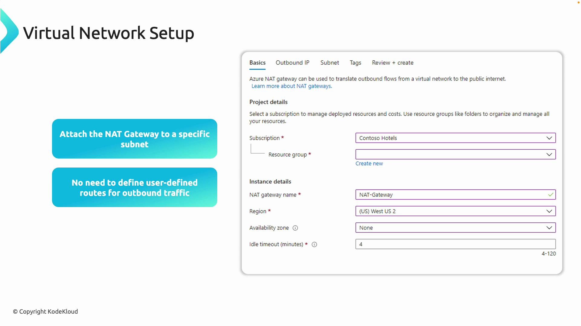 The image shows a virtual network setup interface for configuring an Azure NAT gateway, highlighting steps like attaching the NAT gateway to a specific subnet and indicating no need for user-defined routes for outbound traffic.