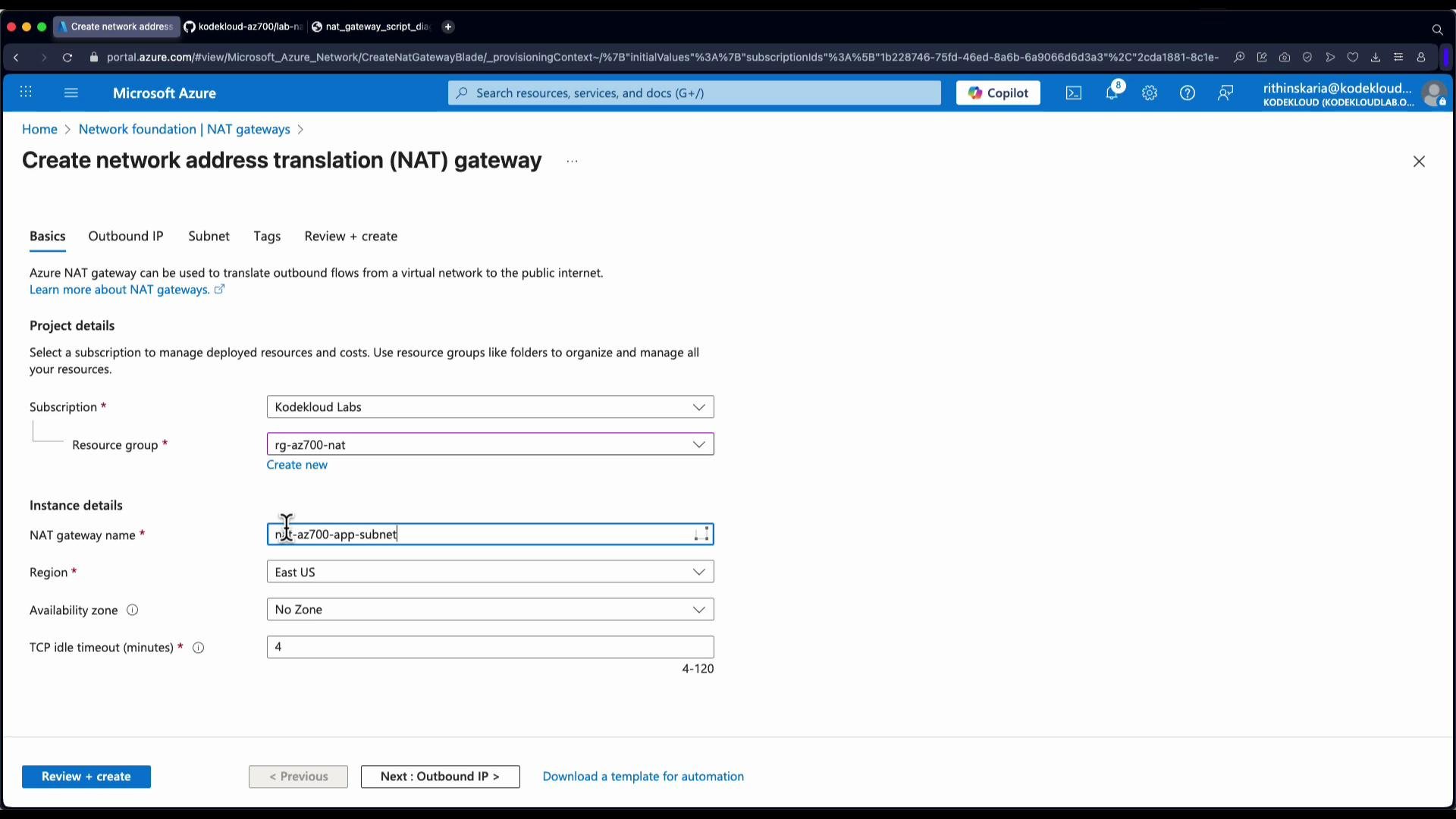This image shows a Microsoft Azure portal interface for creating a Network Address Translation (NAT) gateway, with fields for project and instance details such as subscription, resource group, and region.