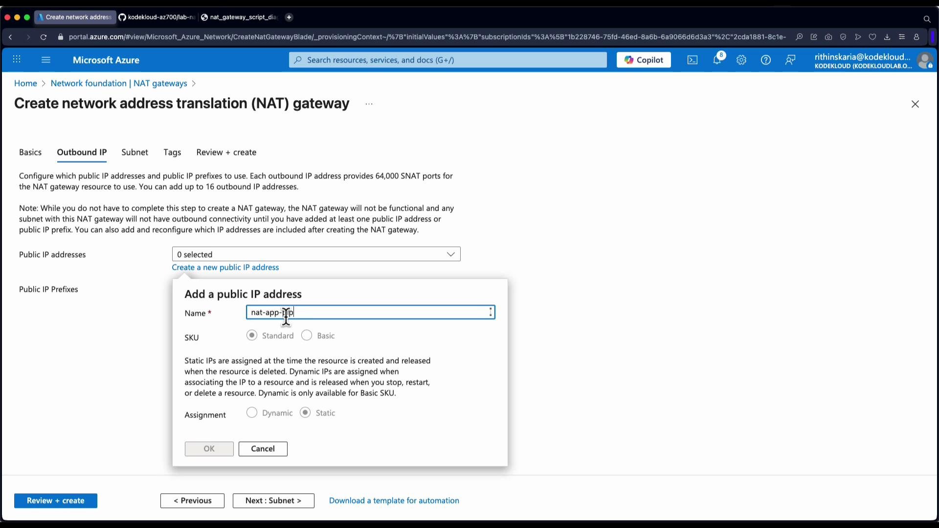 The image shows a Microsoft Azure portal window for creating a network address translation (NAT) gateway. A pop-up for adding a public IP address is also visible with a prompt to enter a name and select options.