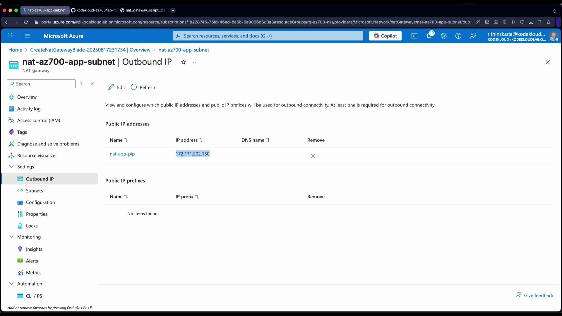 The image shows a Microsoft Azure portal interface displaying outbound IP settings for a NAT gateway, including a specific public IP address.