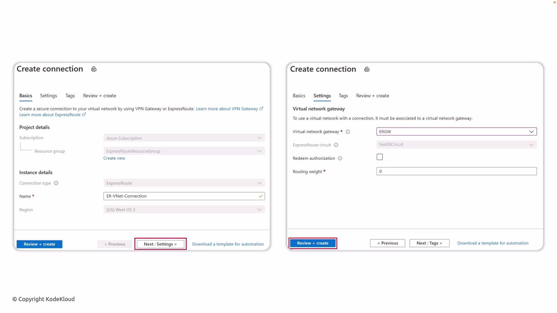 The image shows two interface screens for creating a network connection using ExpressRoute, detailing the configuration steps under "Basics" and "Settings" tabs. The screens include options for selecting subscription details, instance details, and virtual network gateway settings.