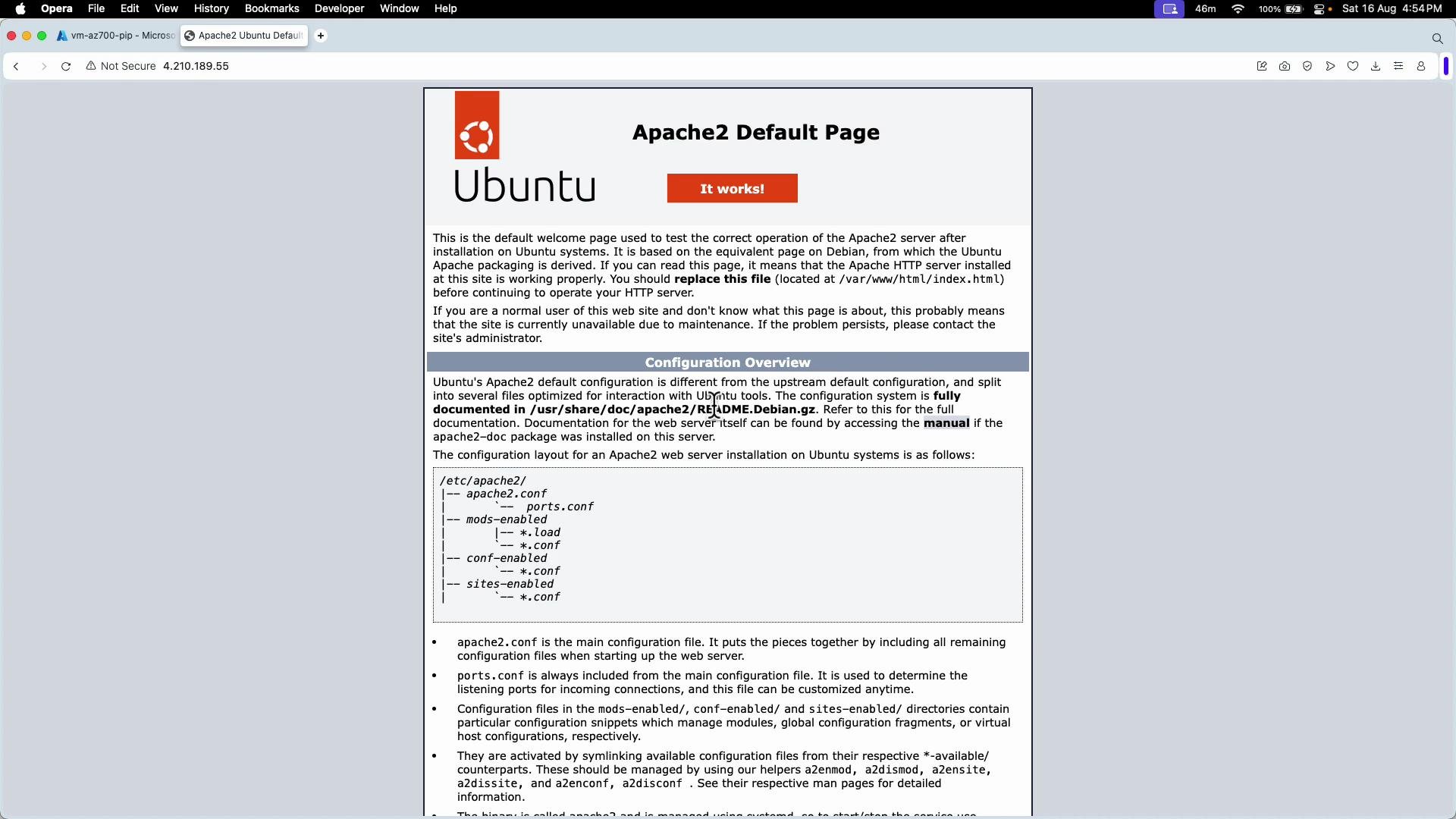 This image shows the default Apache2 web server welcome page on Ubuntu, indicating that the server is functioning properly. It includes configuration overview details and file directory instructions.