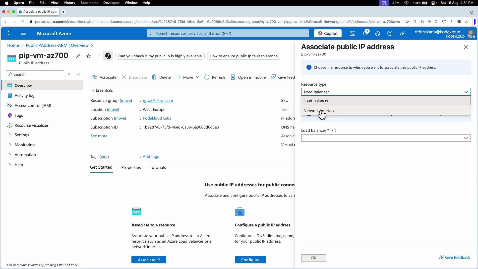 The image shows a Microsoft Azure portal interface where a public IP address is being associated with either a load balancer or a network interface. It includes various settings and options related to the IP address configuration.