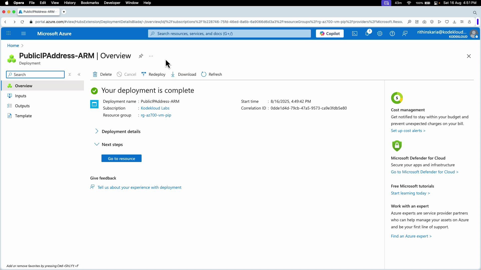 The image shows a Microsoft Azure portal page indicating that a deployment named "PublicIPAddress-ARM" is complete, along with details like the subscription name and resource group.