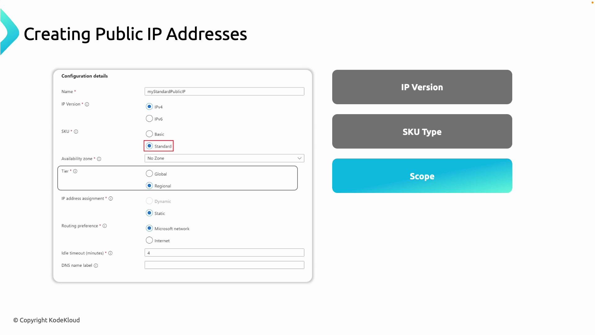 The image displays a configuration form for creating public IP addresses, including options for IP version, SKU type, availability zone, tier, IP address assignment, and routing preference.