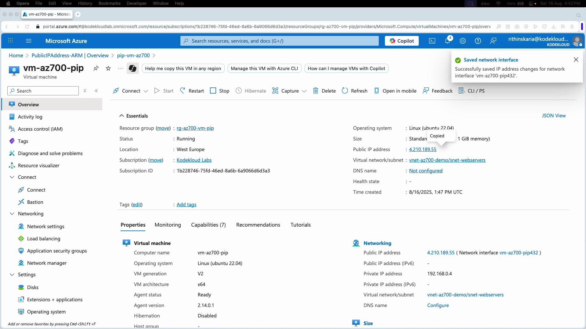 The image shows an overview of a virtual machine named "vm-az700-pip" running on Microsoft Azure, displaying its configuration details such as operating system, location, and networking information.