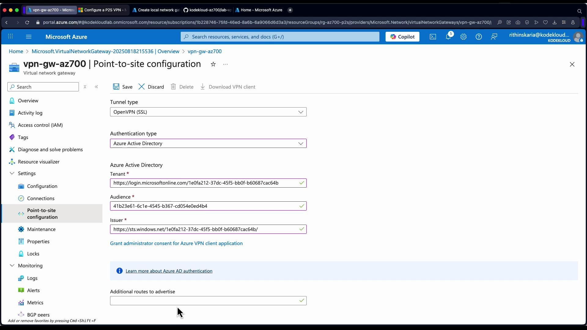 The image shows a Microsoft Azure portal with the "Point-to-site configuration" settings for a virtual network gateway, detailing options such as tunnel type and Azure Active Directory authentication.