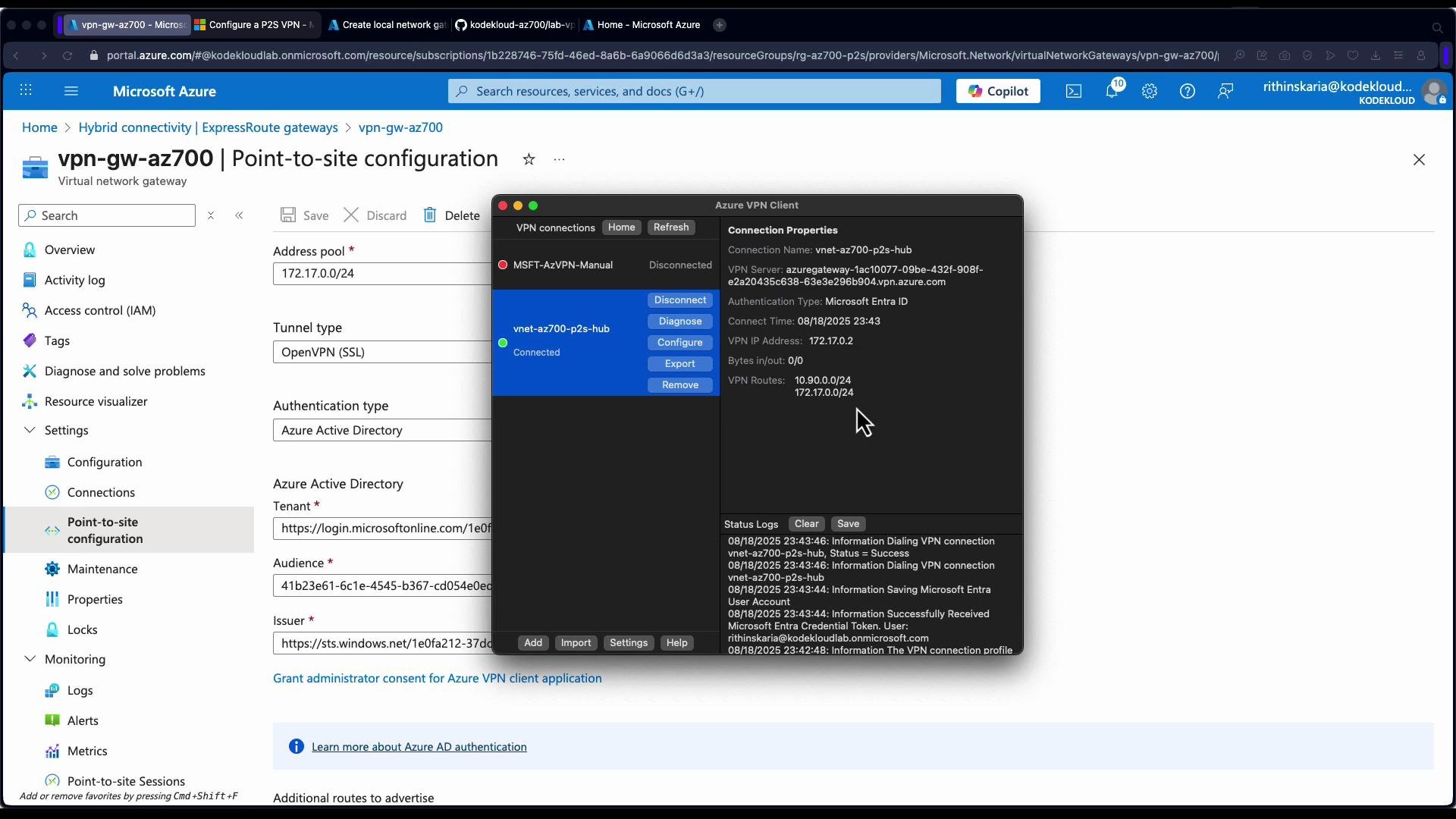 The image shows a Microsoft Azure portal screen for configuring a point-to-site VPN, alongside an Azure VPN Client window displaying the connection properties.