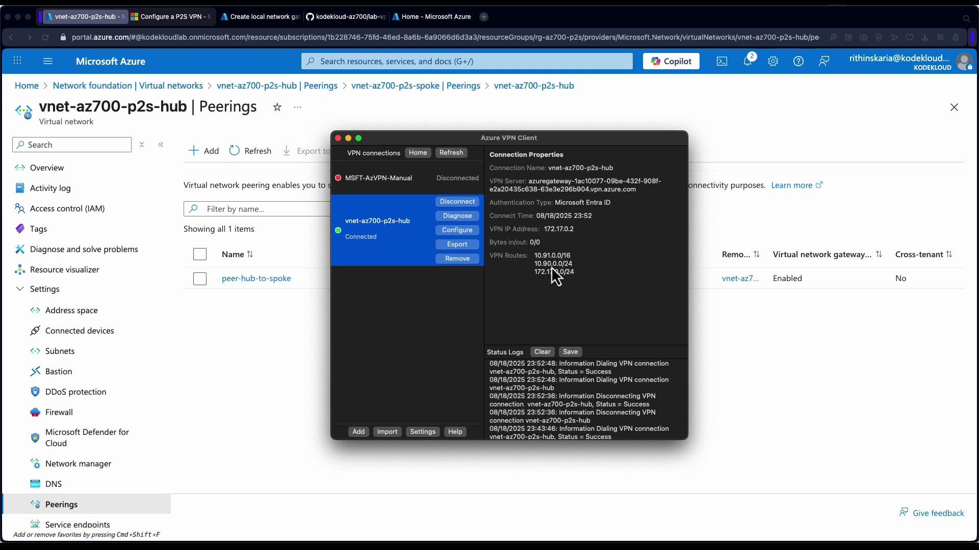 The image shows a Microsoft Azure portal with settings for virtual network peering, alongside an Azure VPN Client window displaying connection properties and VPN routes.