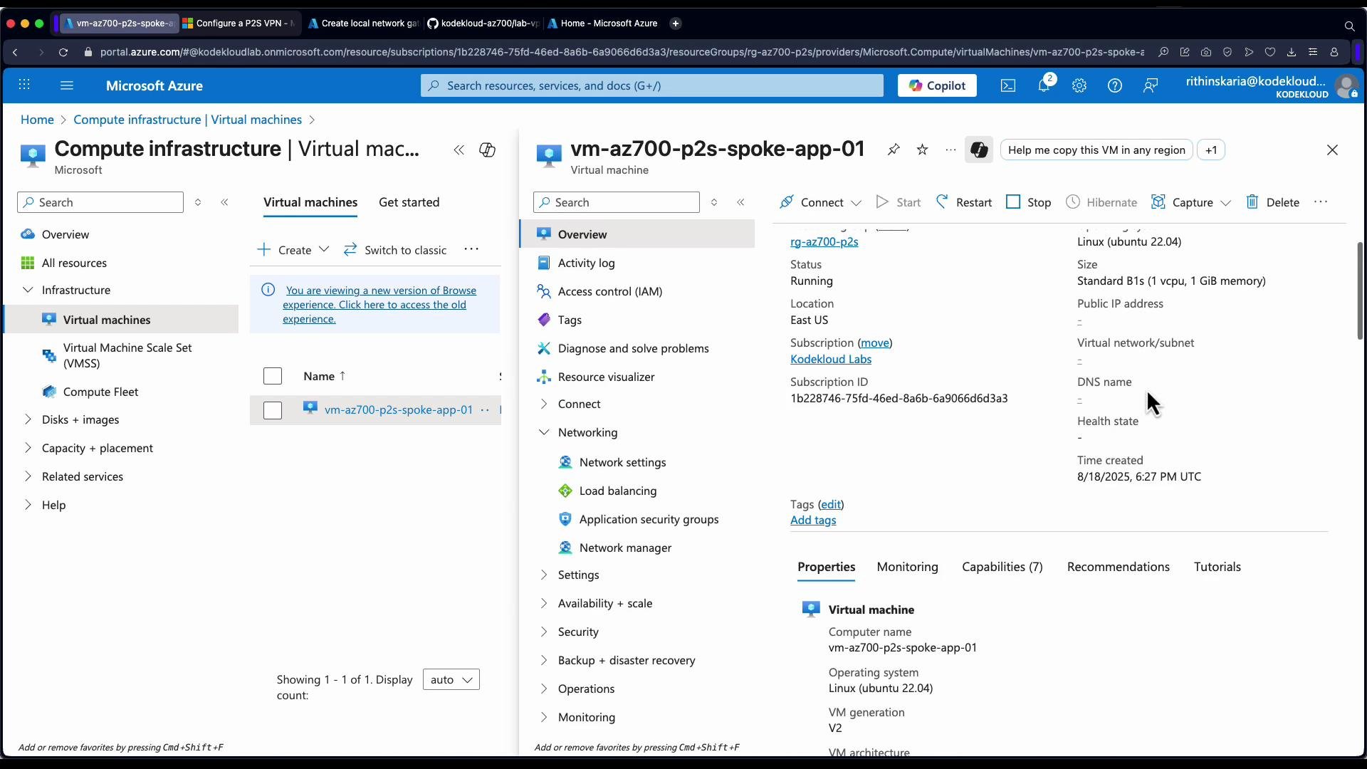 The image shows a Microsoft Azure portal displaying details of a virtual machine named "vm-az700-p2s-spoke-app-01," which is running on Linux (Ubuntu 22.04) with specific subscription and network configuration details.