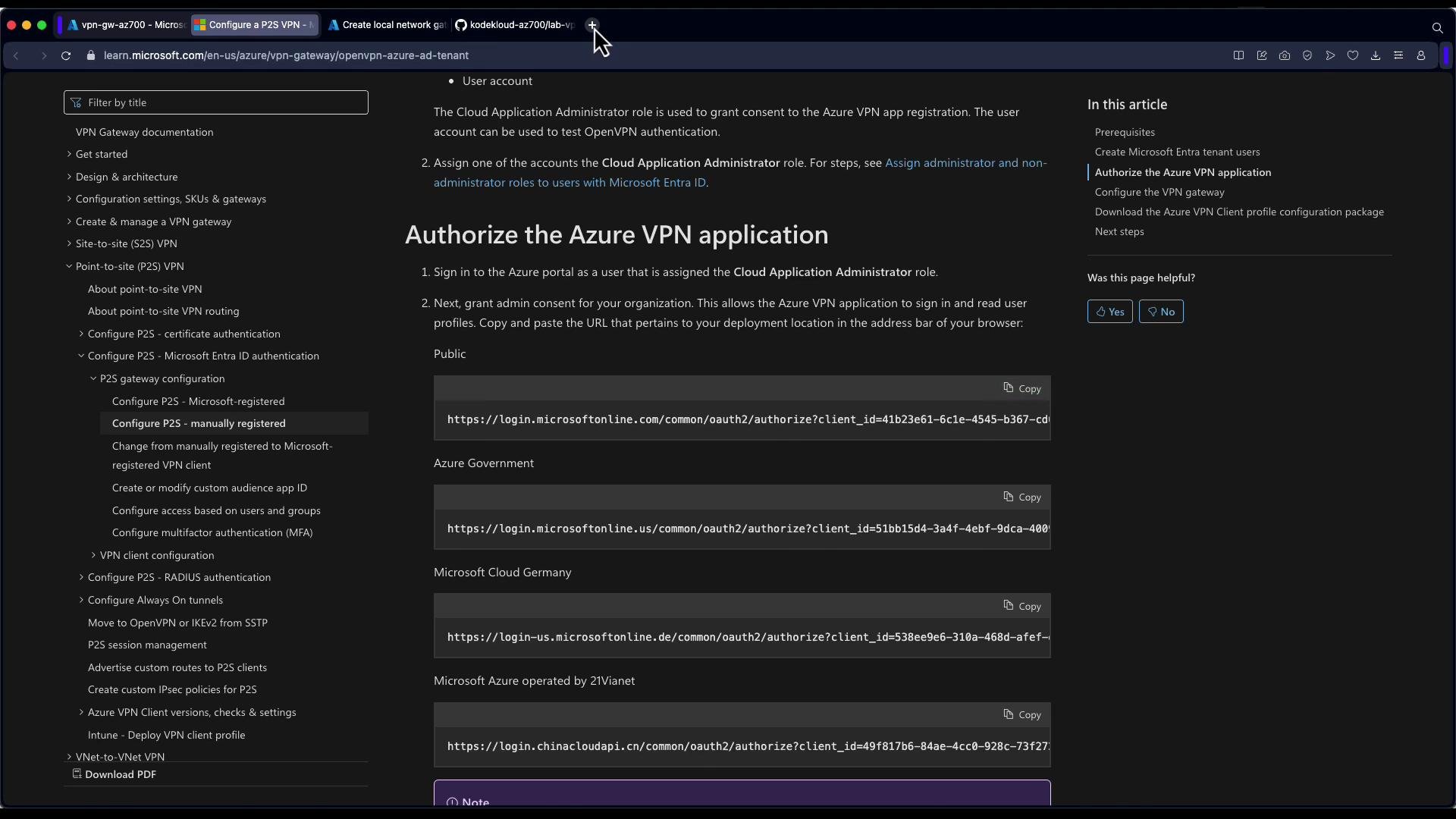 The image shows a webpage from Microsoft's documentation, detailing how to authorize the Azure VPN application, with various sections and clickable links for different deployment locations.