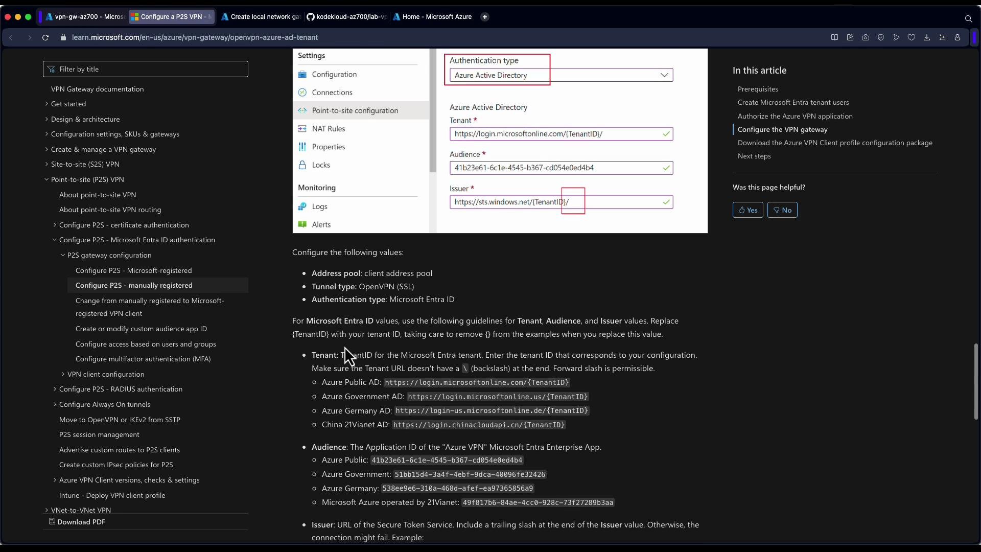 The image shows a Microsoft Azure configuration page for setting up a Point-to-Site VPN with Azure Active Directory authentication. There are details about configuring tenant, audience, and issuer values in the Azure VPN gateway setup.