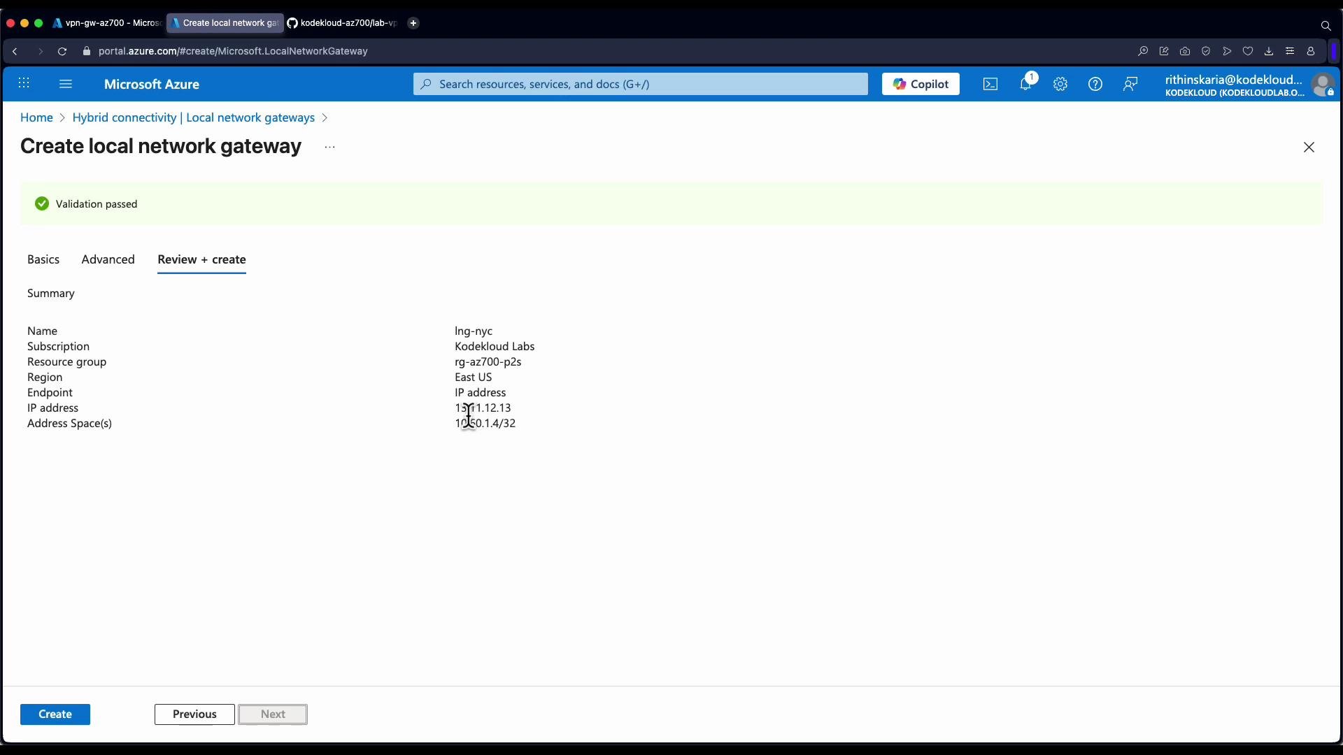 The image shows a Microsoft Azure portal screen where a local network gateway is being created, displaying a summary of entered information such as name, subscription, resource group, region, and IP addresses.