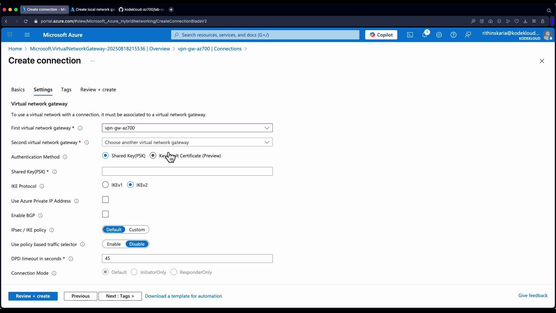 The image shows a Microsoft Azure portal page for creating a connection with a virtual network gateway, displaying settings for authentication methods, protocol options, and other configurations.