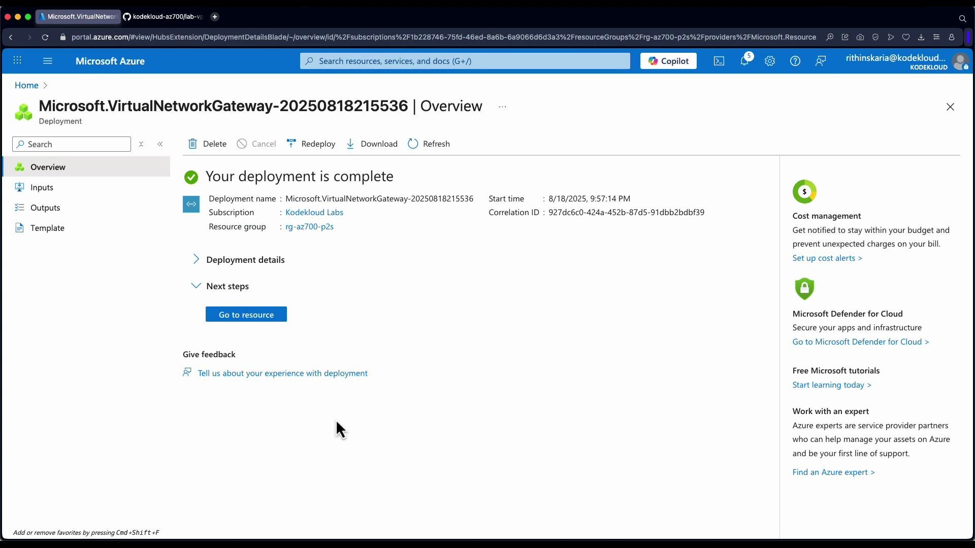 The image shows a Microsoft Azure portal with a completed deployment for a virtual network gateway. It includes deployment details, cost management options, and links to Microsoft Defender for Cloud.