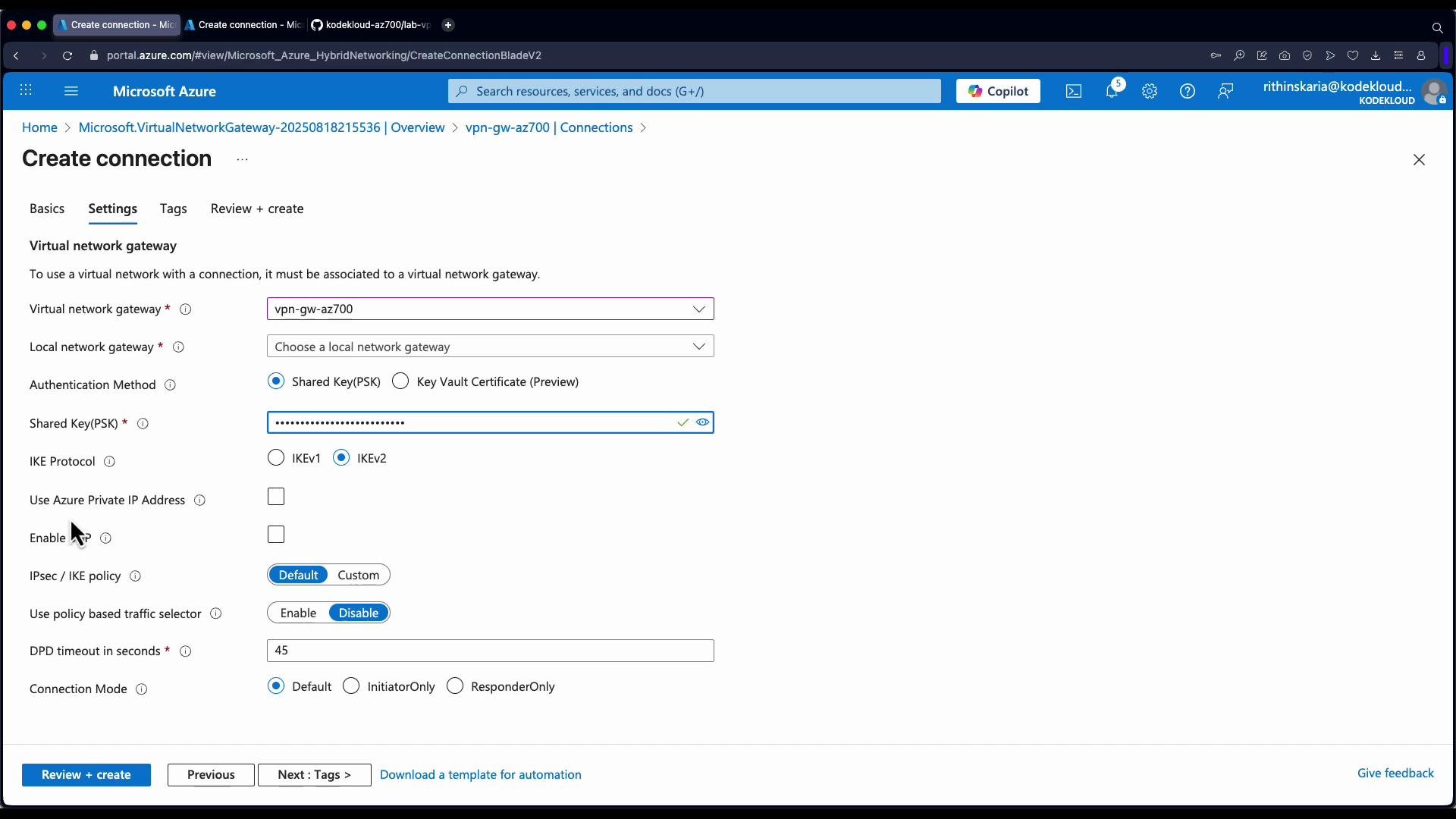 The image shows the "Create connection" settings page in Microsoft Azure, where one can configure a virtual network gateway with options for authentication, IPsec/IKE policies, and more.
