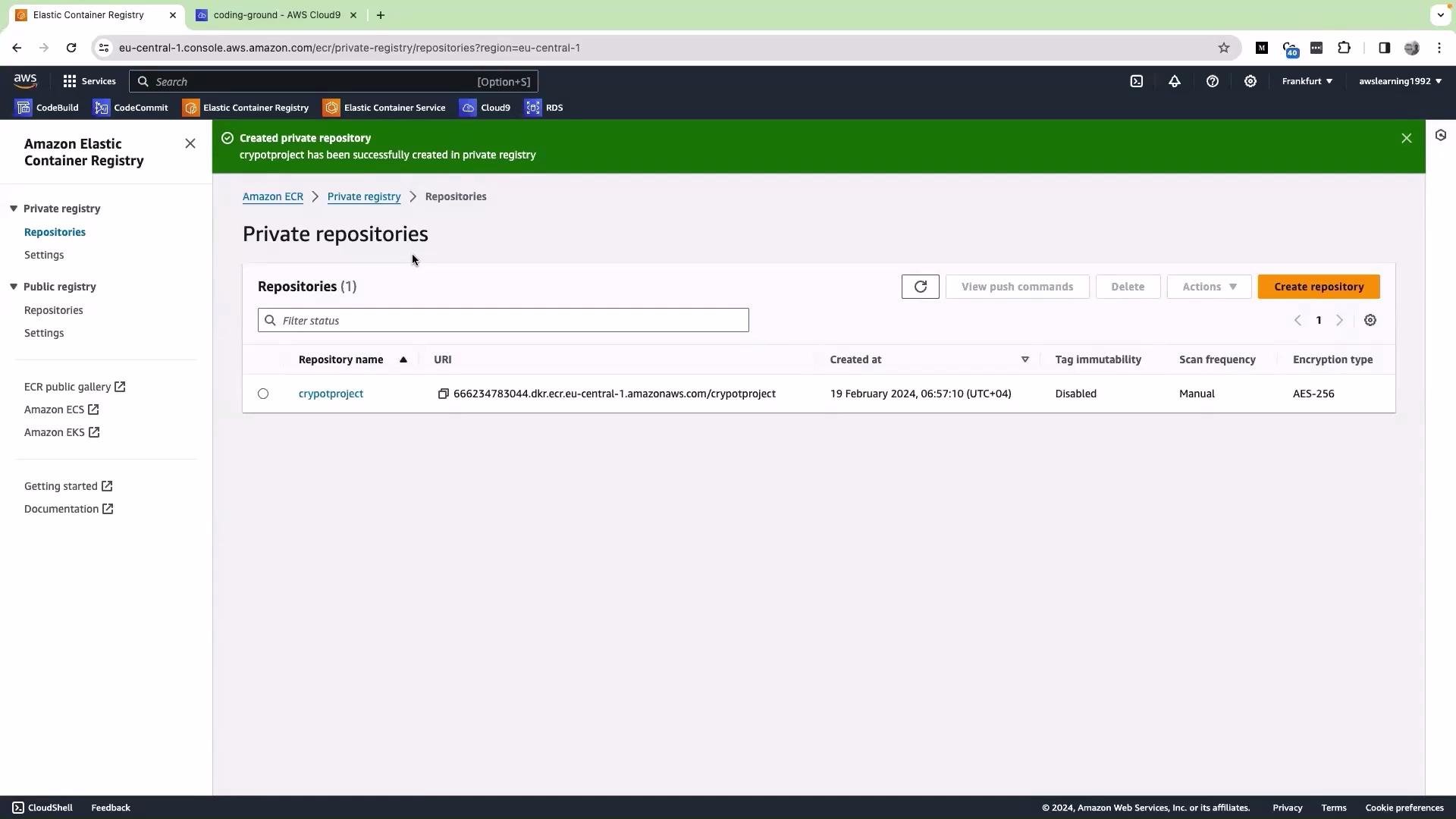 The image shows the Amazon Elastic Container Registry interface with a private repository named "cryptoproject" listed. It includes details like the repository URI, creation date, and encryption type.
