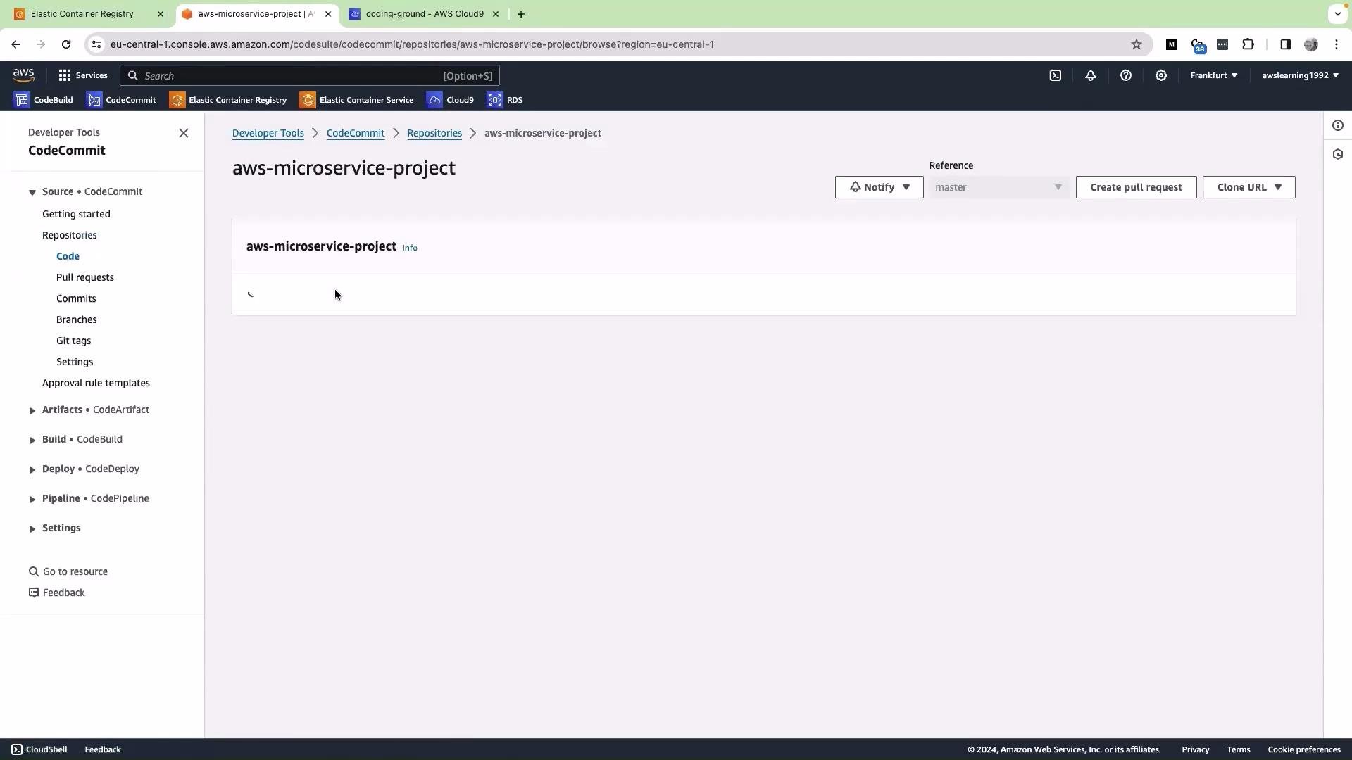 The image depicts an AWS CodeCommit interface showing a repository named "aws-microservice-project." Various options and menus for developer tools are visible on the left sidebar.