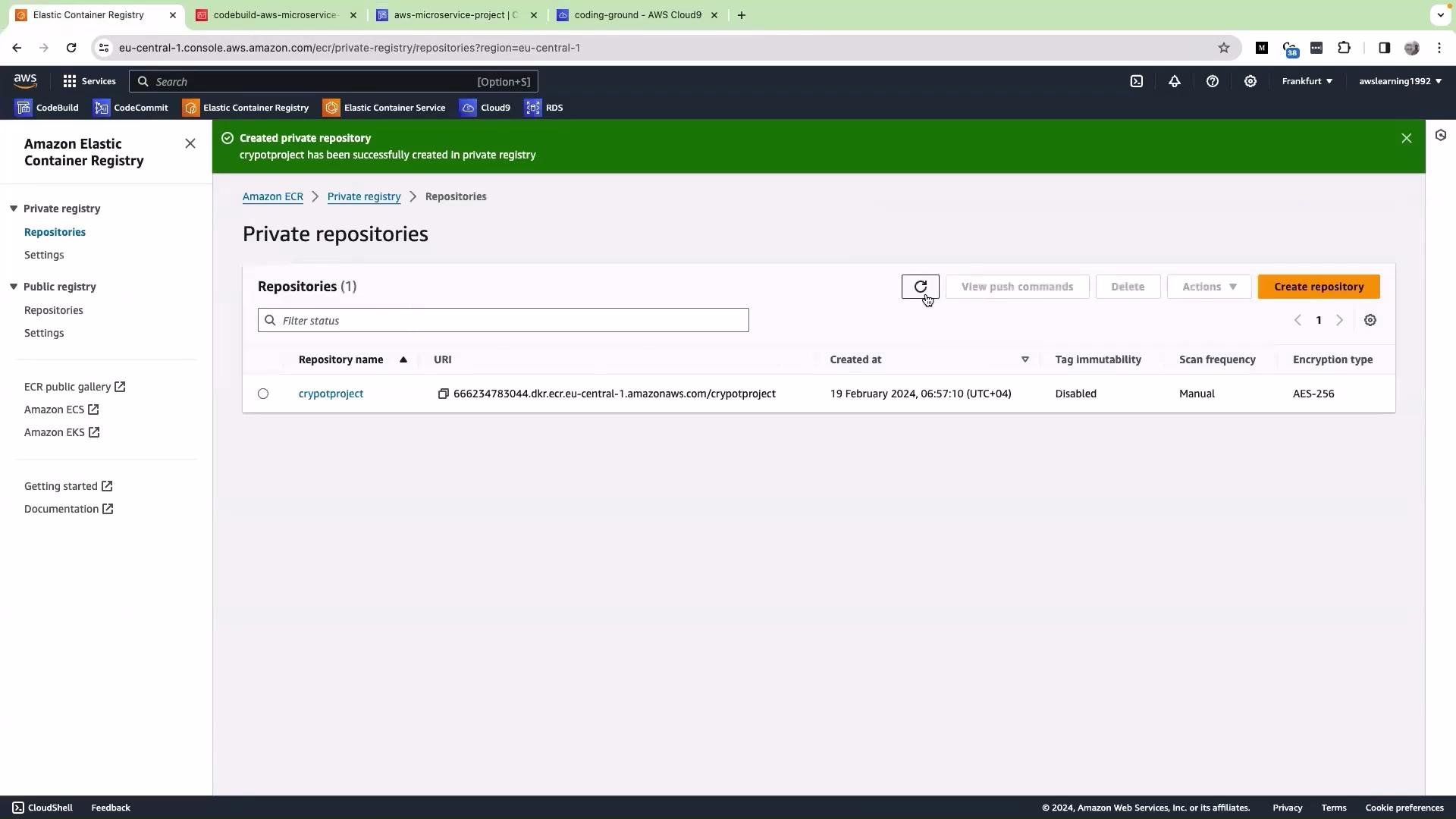 The image shows an Amazon Elastic Container Registry (ECR) interface with a private repository named "cryptoproject" successfully created, displaying details like URI and creation date.