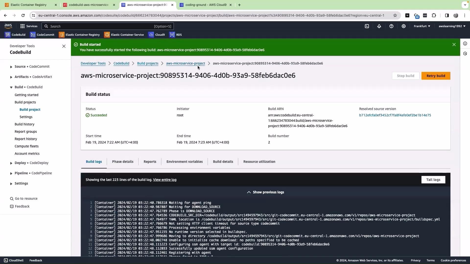 The image shows an AWS CodeBuild interface displaying a successfully completed build project named "aws-microservice-project." It includes build details such as status, initiator, and logs.