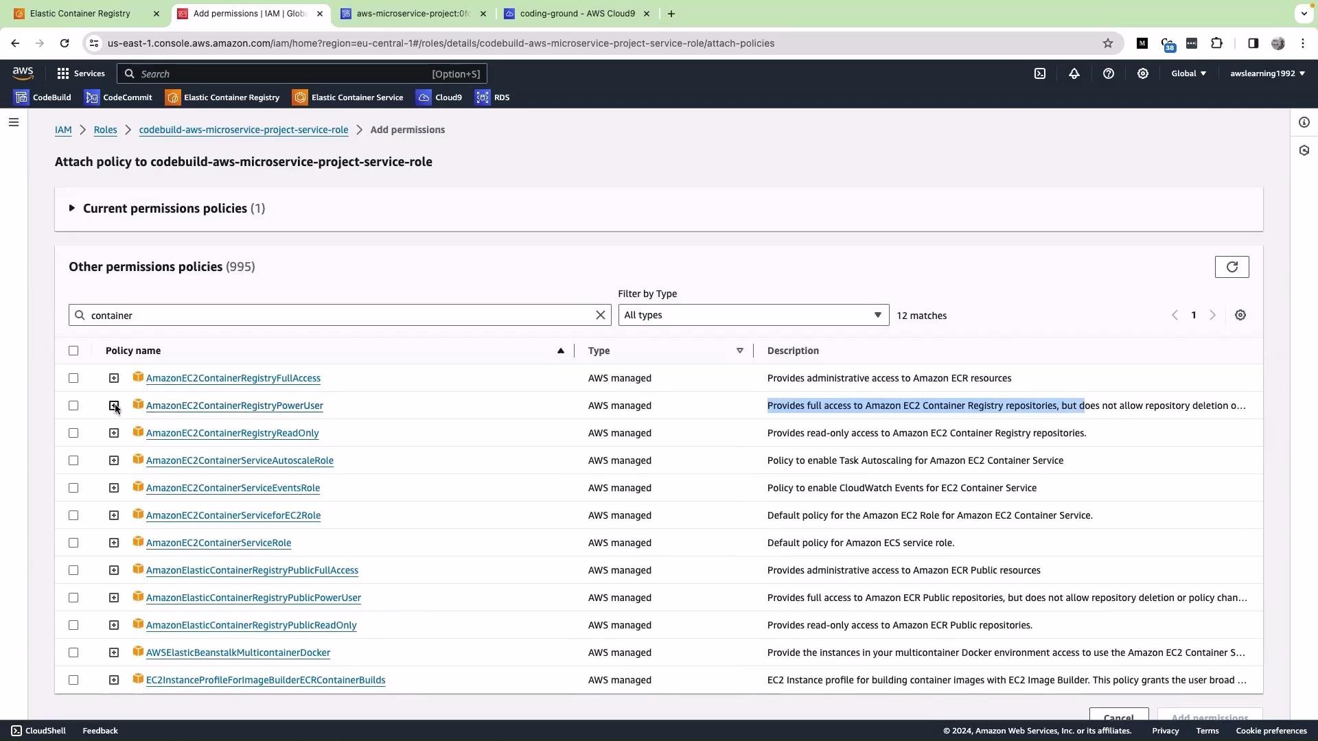 This image shows an AWS IAM console where a user is attaching policies to a service role, with a list of available AWS managed permissions policies related to EC2 Container Registry.