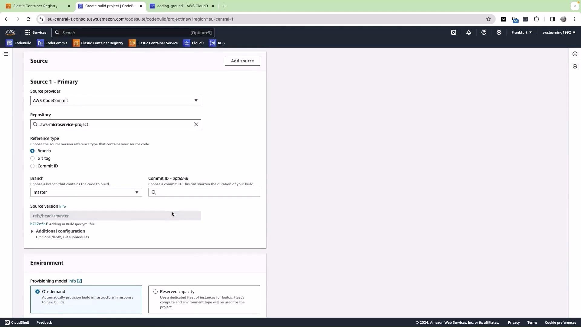 The image shows a webpage from AWS CodeBuild where a user is configuring a build project. The source provider is AWS CodeCommit, and it includes settings for repository, branch, and environment provisioning.