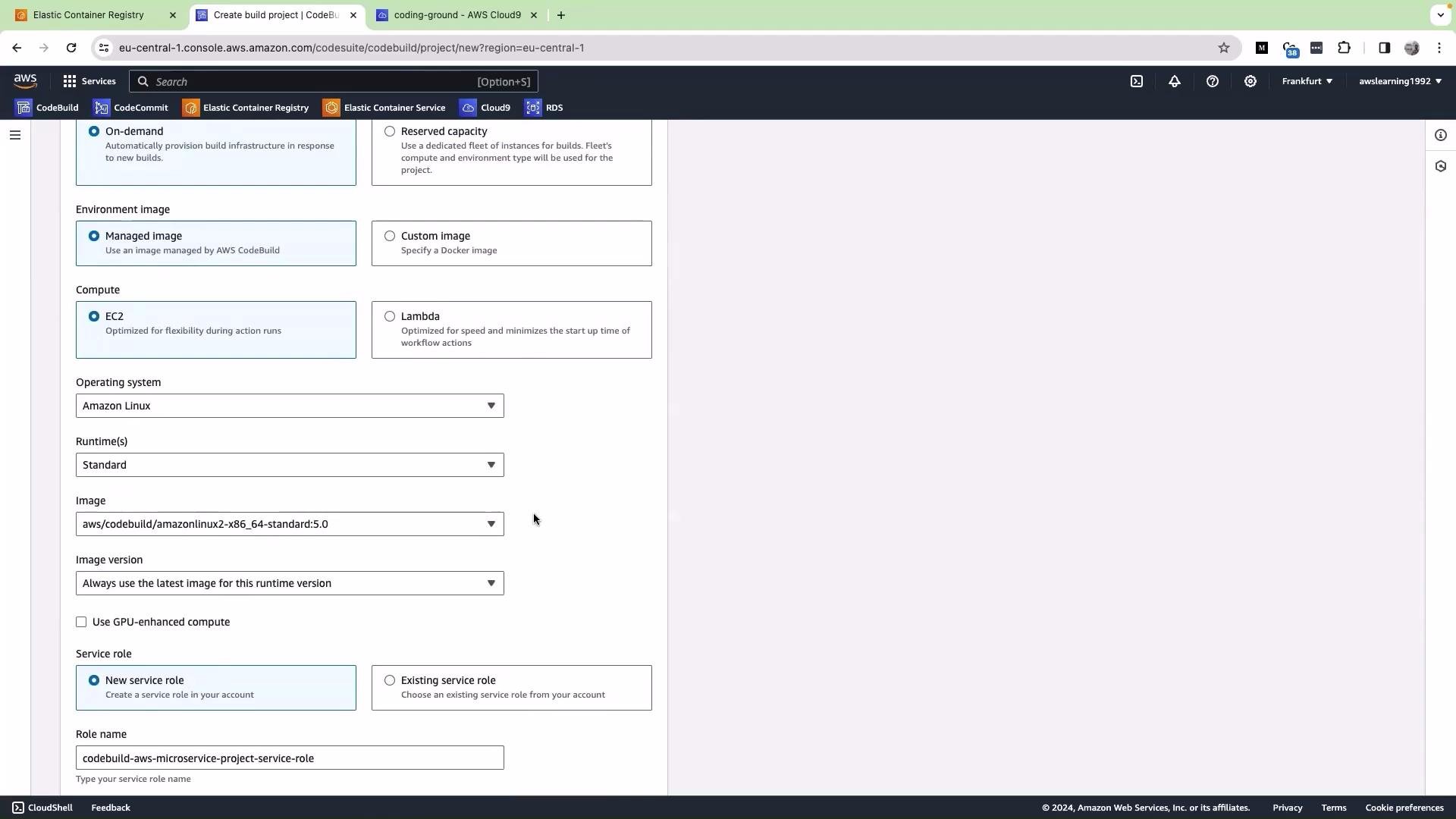 The image shows an AWS console interface where a build project is being configured in AWS CodeBuild, including settings for the environment image, compute options, operating system, runtime, and service role.