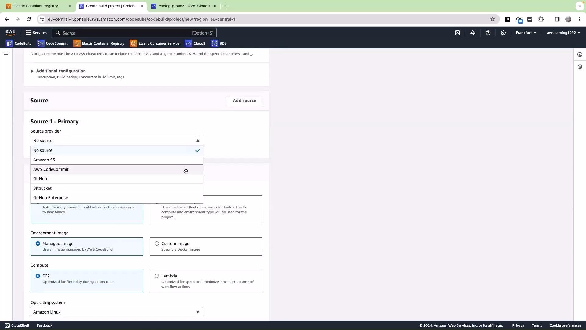The image shows a screenshot of the AWS Console, specifically within the CodeBuild project setup where a user is selecting a source provider from a dropdown menu. Options include "No source," "Amazon S3," "AWS CodeCommit," "GitHub," "Bitbucket," and "GitHub Enterprise."