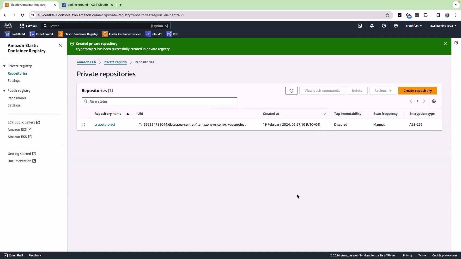 The image shows an AWS Elastic Container Registry (ECR) interface with a private repository named "cryptoproject" displayed. The repository details include its URI, creation date, and encryption type.