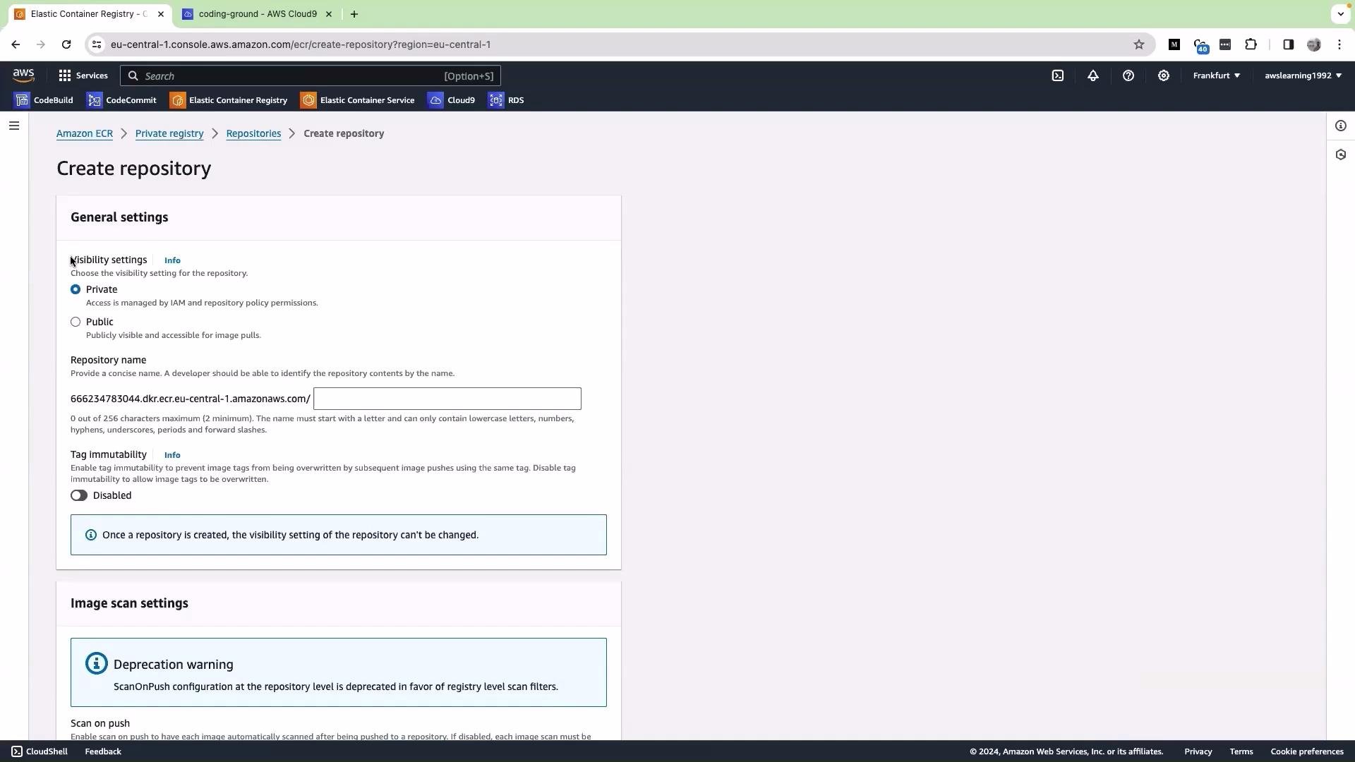 The image shows the "Create repository" page on the Amazon Elastic Container Registry (ECR) console, displaying options for setting visibility, repository name, and image scan settings.