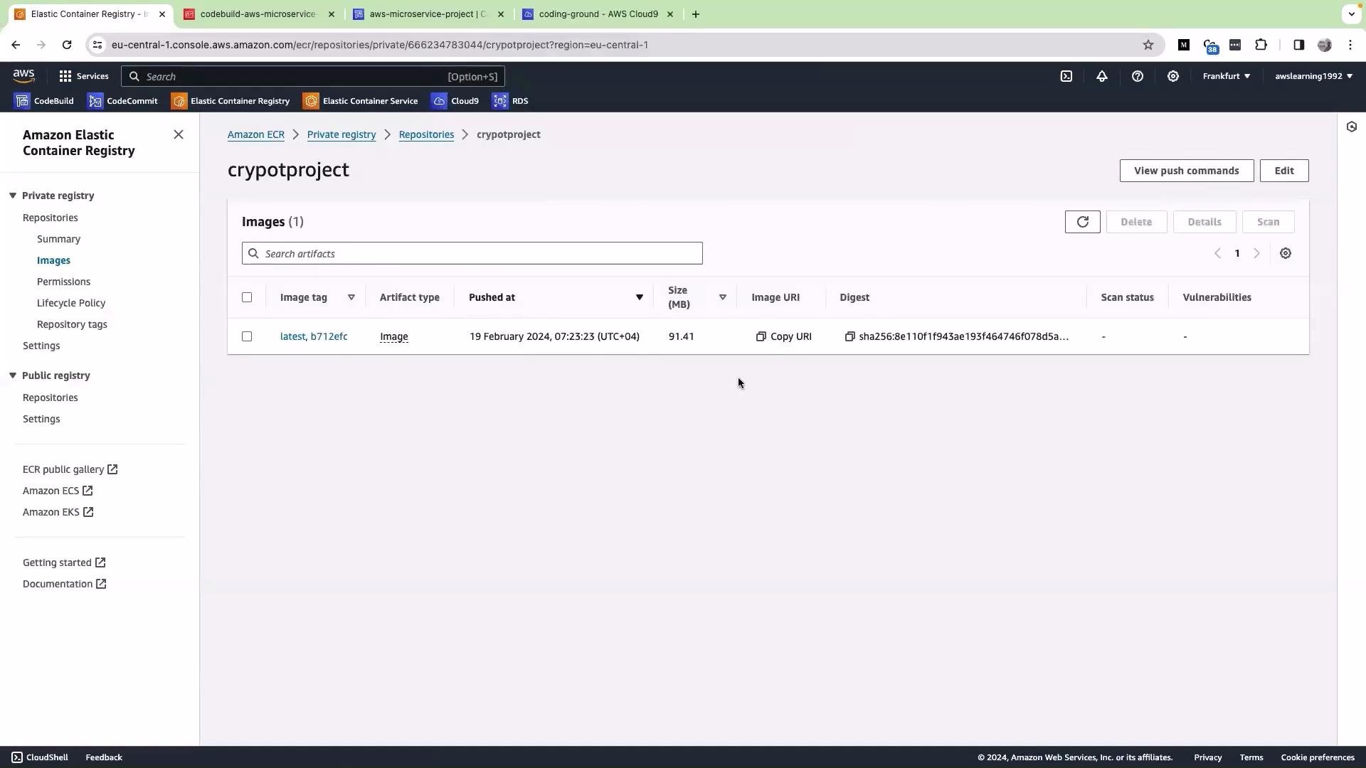 The image shows an Amazon Elastic Container Registry (ECR) interface with a repository named "cryptoproject," displaying one image tagged "latest" along with details such as size and digest.