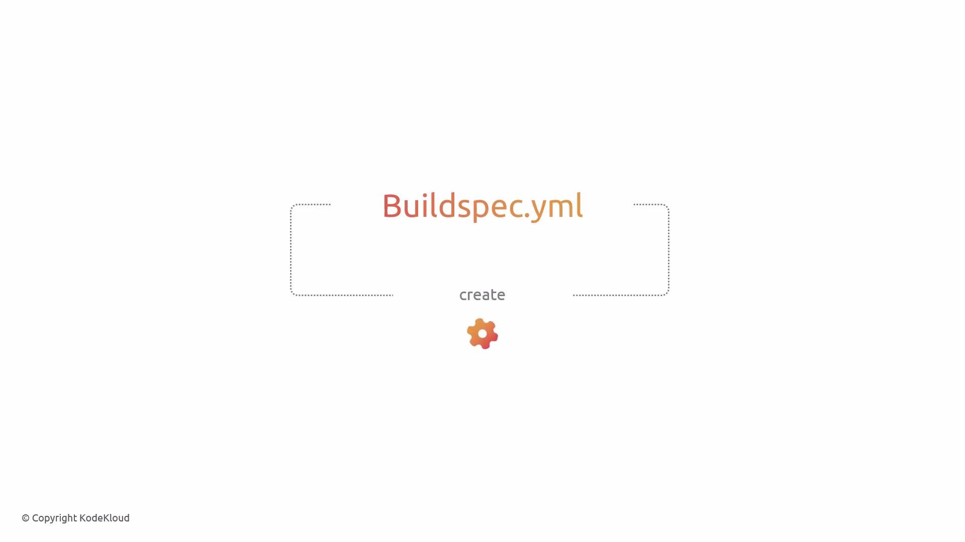 The image displays the text "Buildspec.yml" and "create" with a gear icon, likely referring to creating a buildspec.yml file used in build configurations.