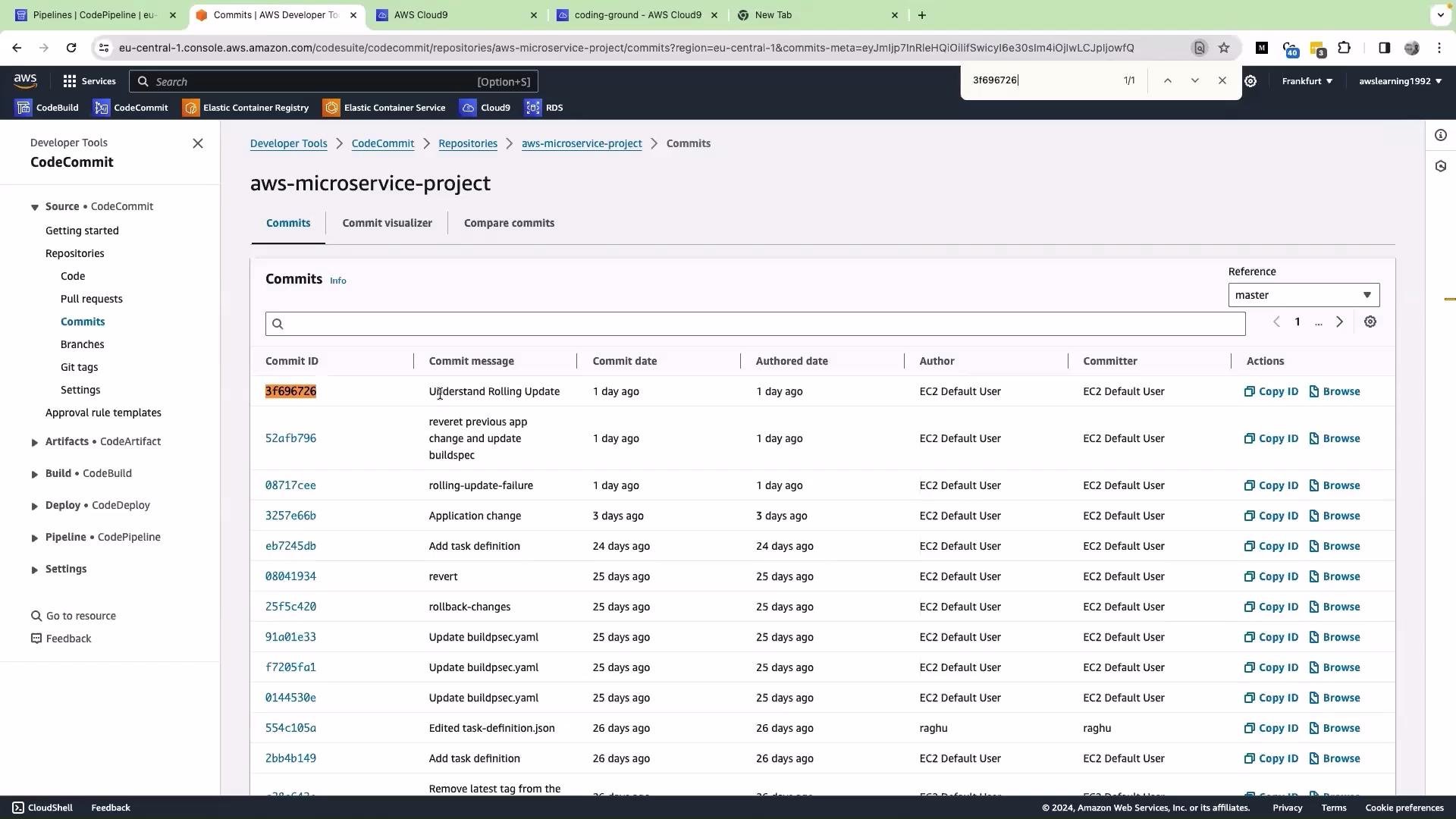 The image shows an AWS CodeCommit interface displaying a list of commits for the "aws-microservice-project" repository, with details like commit ID, message, date, author, and actions available.