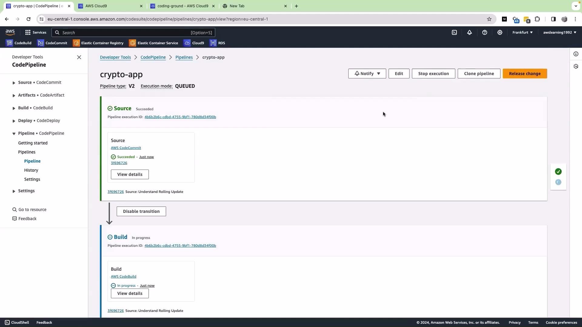 This image shows an AWS CodePipeline interface for a project named "crypto-app," displaying the status of source and build stages. The "Source" stage has succeeded, while the "Build" stage is in progress.