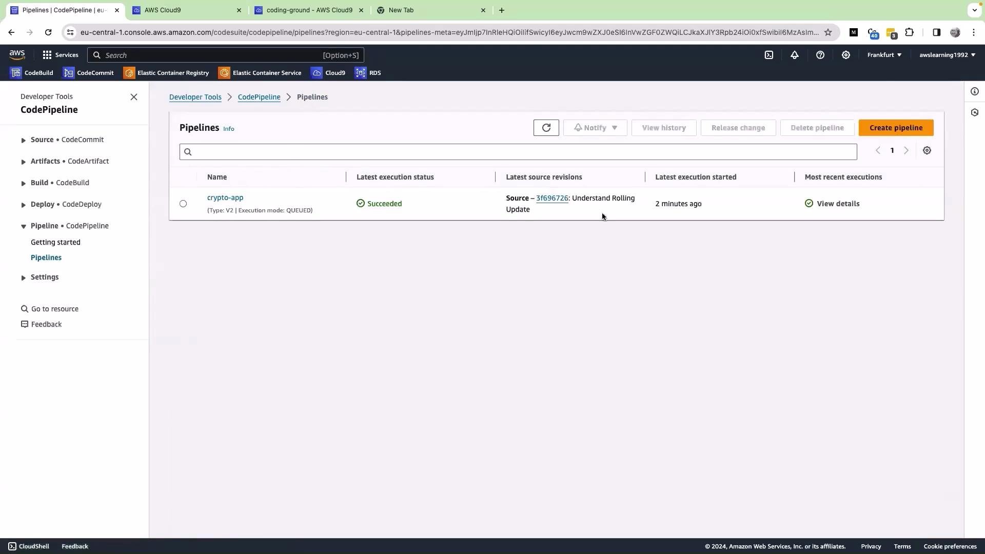 The image shows an AWS CodePipeline interface with one pipeline, "crypto-app," which has a status of "Succeeded." The interface provides options to view history, release changes, and create a new pipeline.