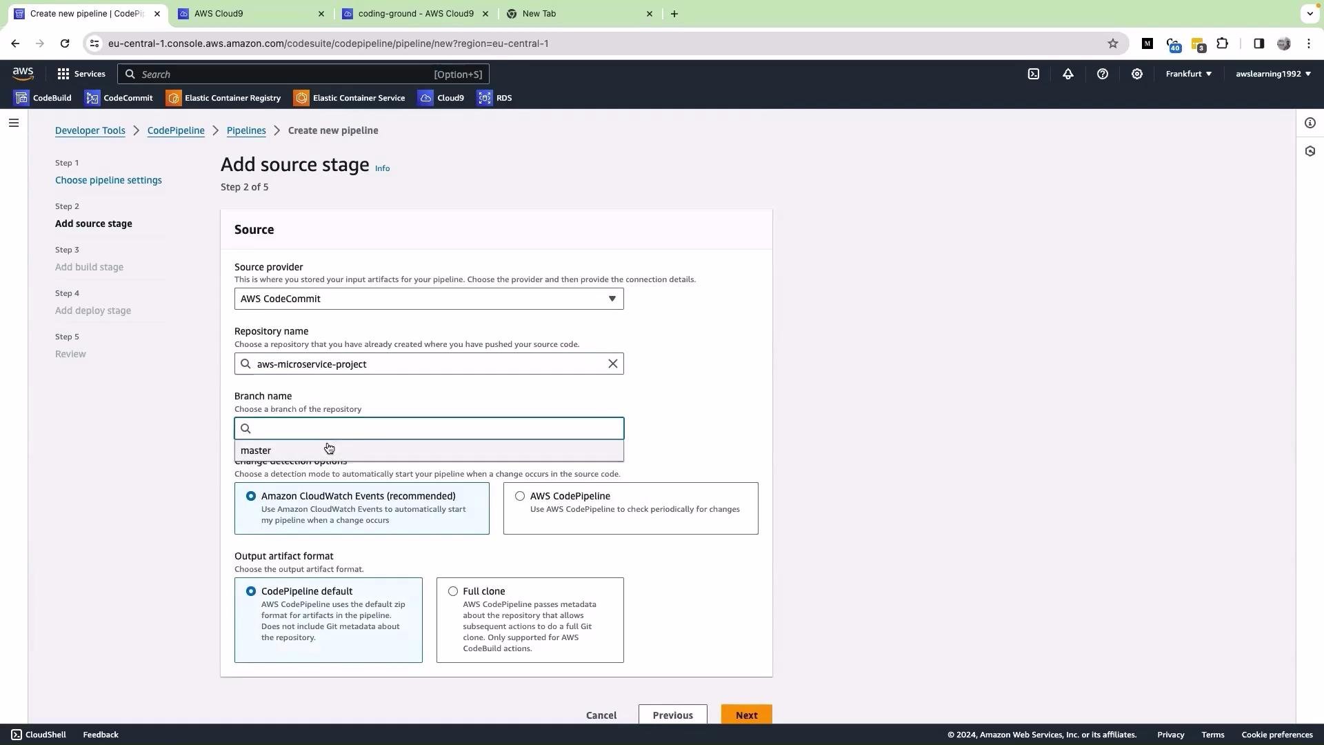 The image shows an AWS CodePipeline interface where a user is adding a source stage, selecting AWS CodeCommit as the source provider, with options to enter repository and branch names.