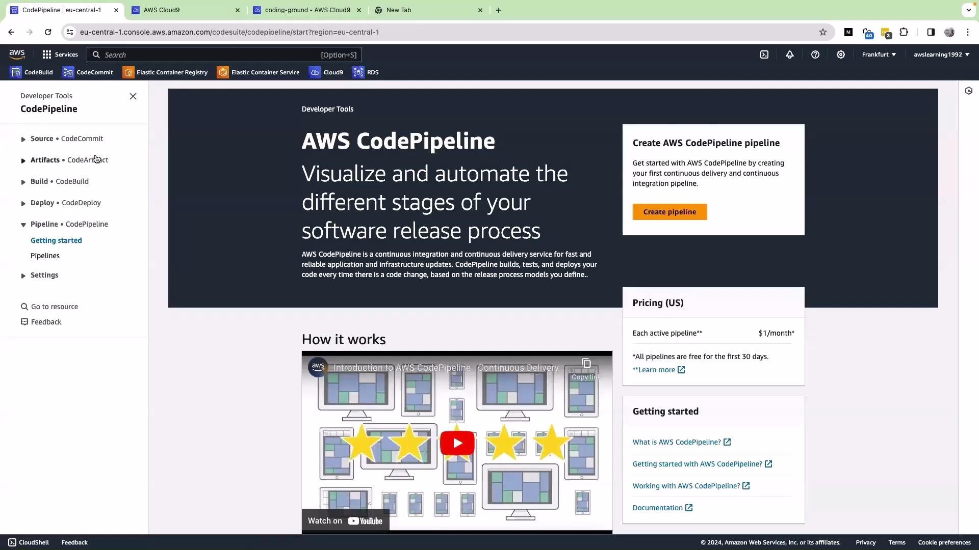 The image shows an AWS CodePipeline interface, highlighting features for visualizing and automating software release processes. It includes options to create a pipeline and provides pricing and getting started information.