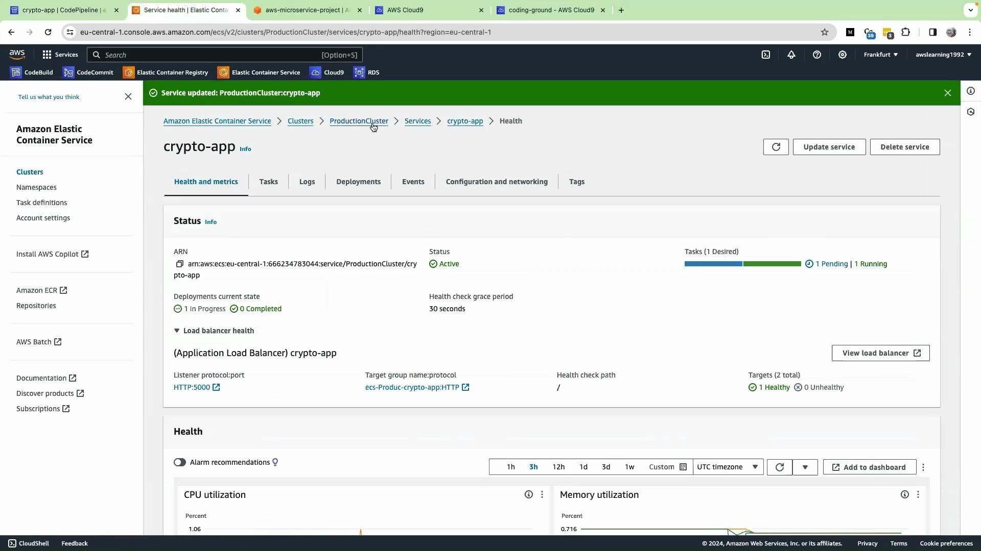 The image is a screenshot of the Amazon Elastic Container Service (ECS) console, showing the health and metrics of a service named "crypto-app" within a production cluster. The service is active, with tasks running and a load balancer in place.