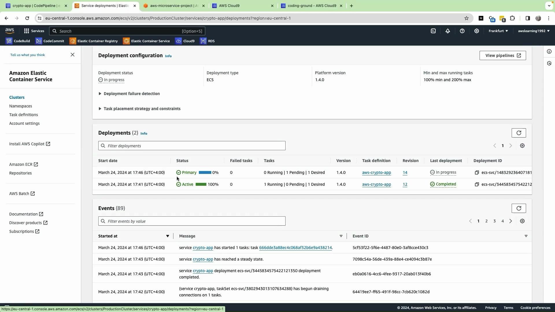 The image shows the Amazon Elastic Container Service (ECS) interface with a focus on deployments for a service named "crypto-app." It lists deployment details, statuses, events, and associated tasks.