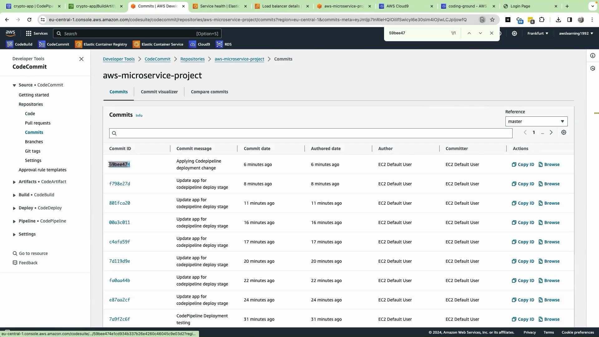 The image shows the AWS CodeCommit interface displaying a list of commits for the "aws-microservice-project" repository. It includes details like commit IDs, messages, dates, and author information.