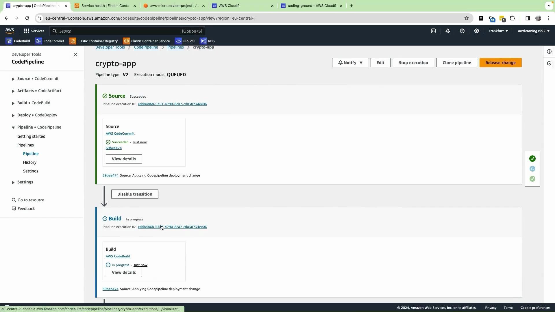 The image shows an AWS CodePipeline interface for a project named "crypto-app," displaying two stages: "Source," which has succeeded, and "Build," which is in progress.