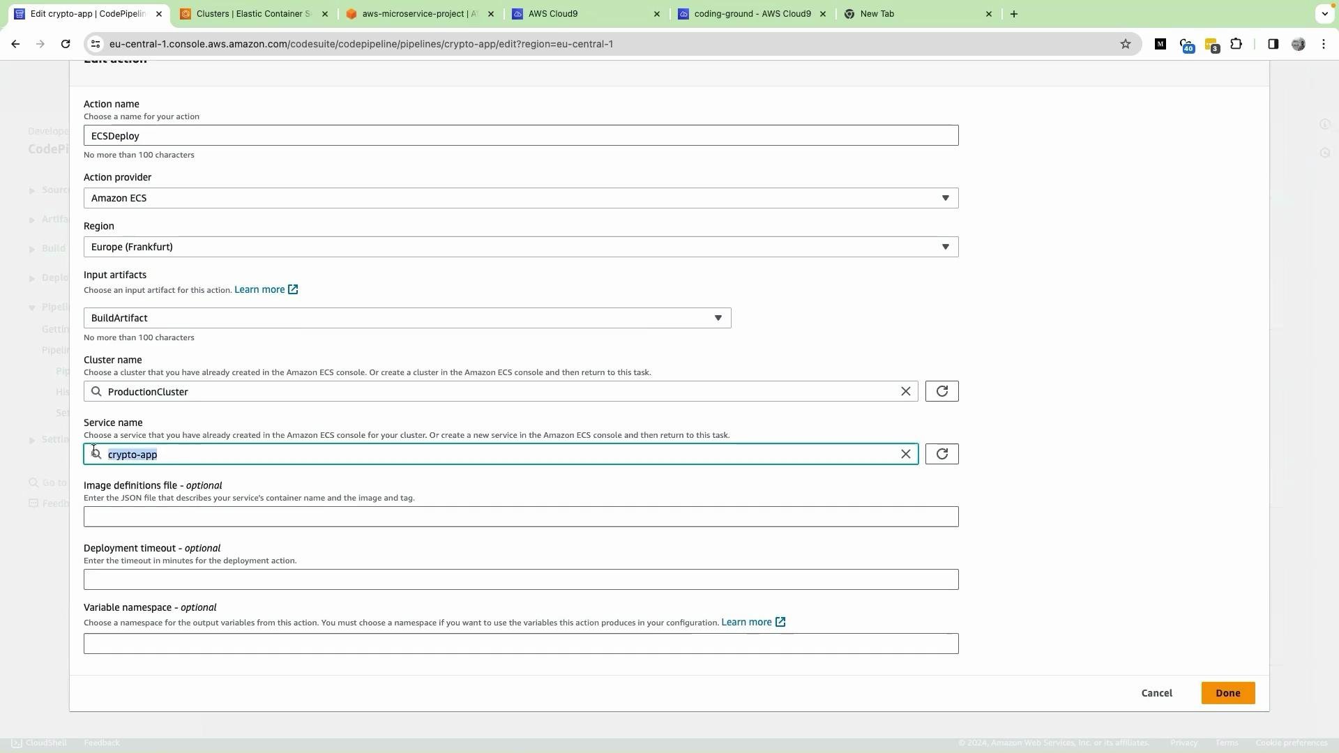 The image shows a configuration screen for an AWS CodePipeline, with settings for ECS deployment, including fields for action name, region, input artifacts, cluster name, and service name.