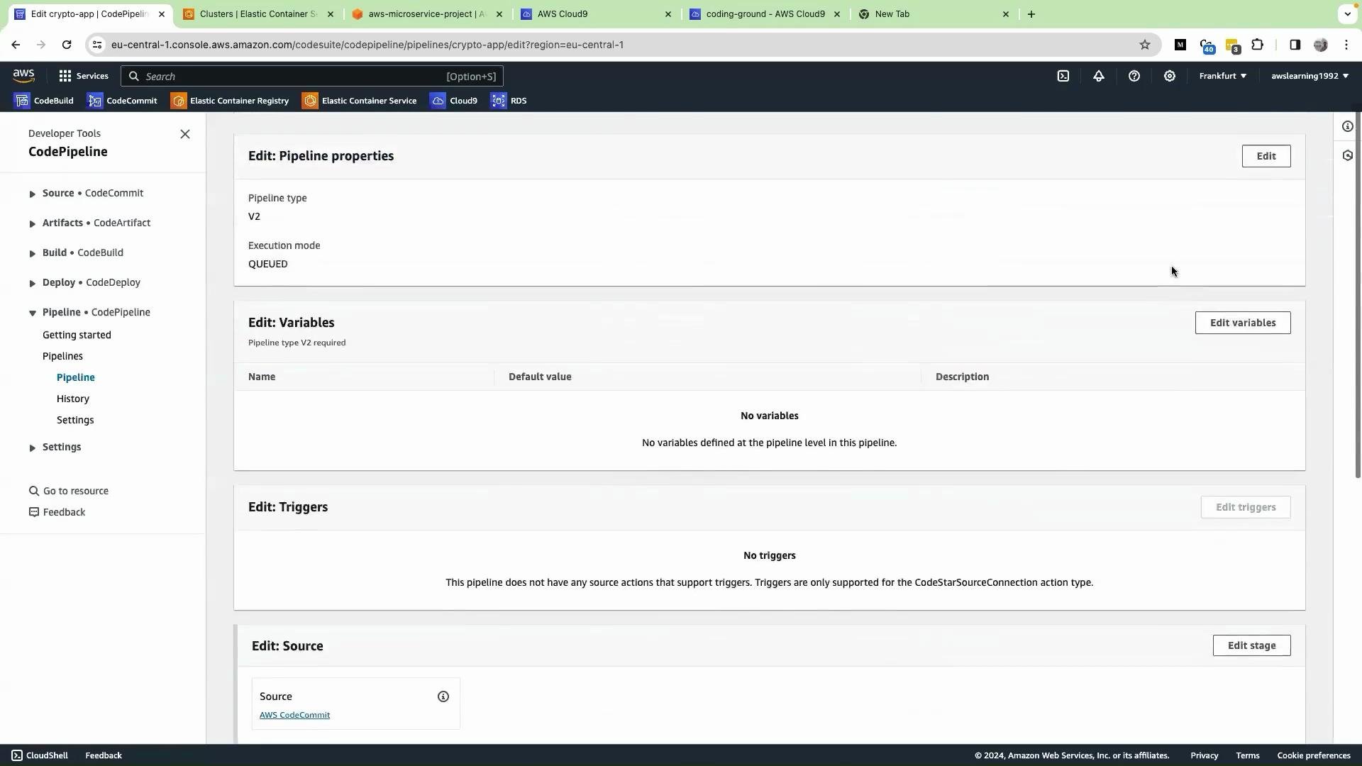 The image displays an AWS CodePipeline configuration screen, showing sections for editing pipeline properties, variables, triggers, and source. The pipeline type is listed as V2 with an execution mode of QUEUED.