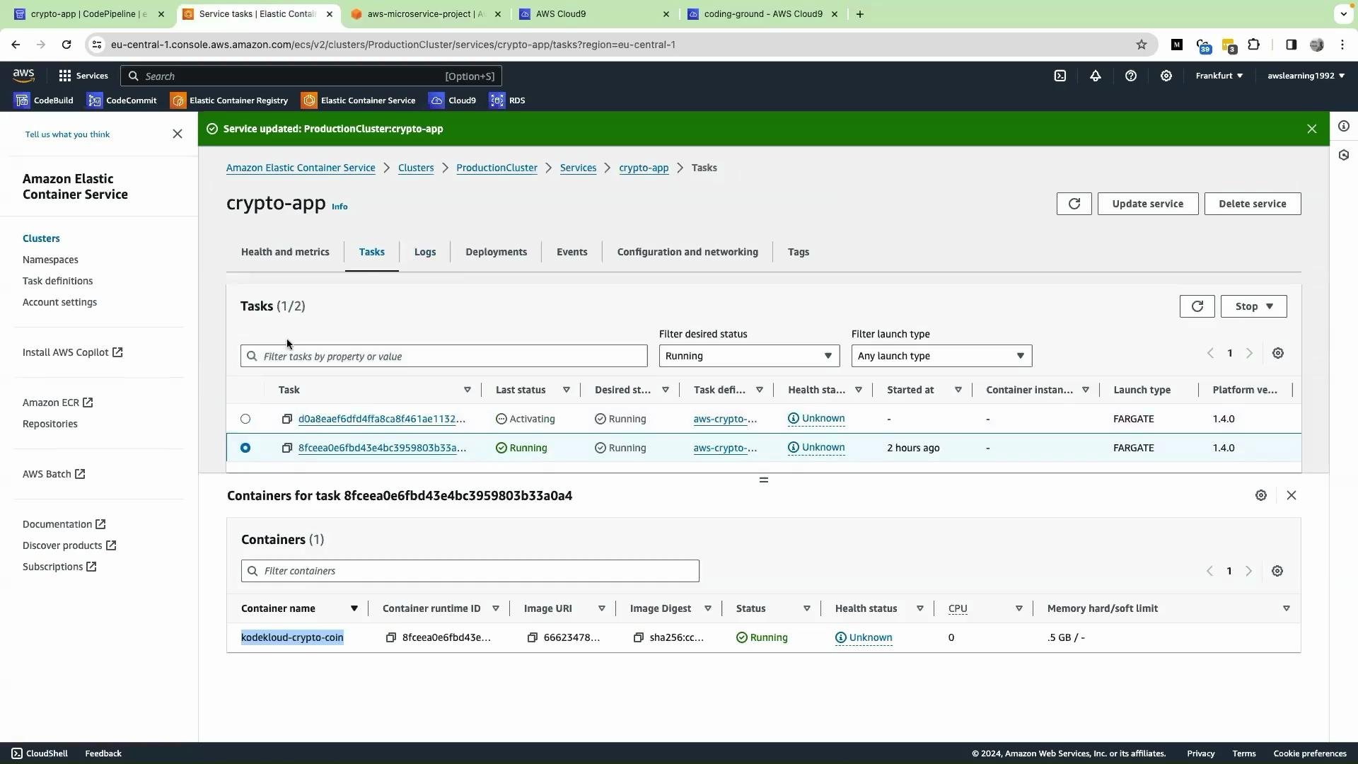 This image shows the AWS Elastic Container Service (ECS) console displaying details for a crypto-app, including task information and container details.