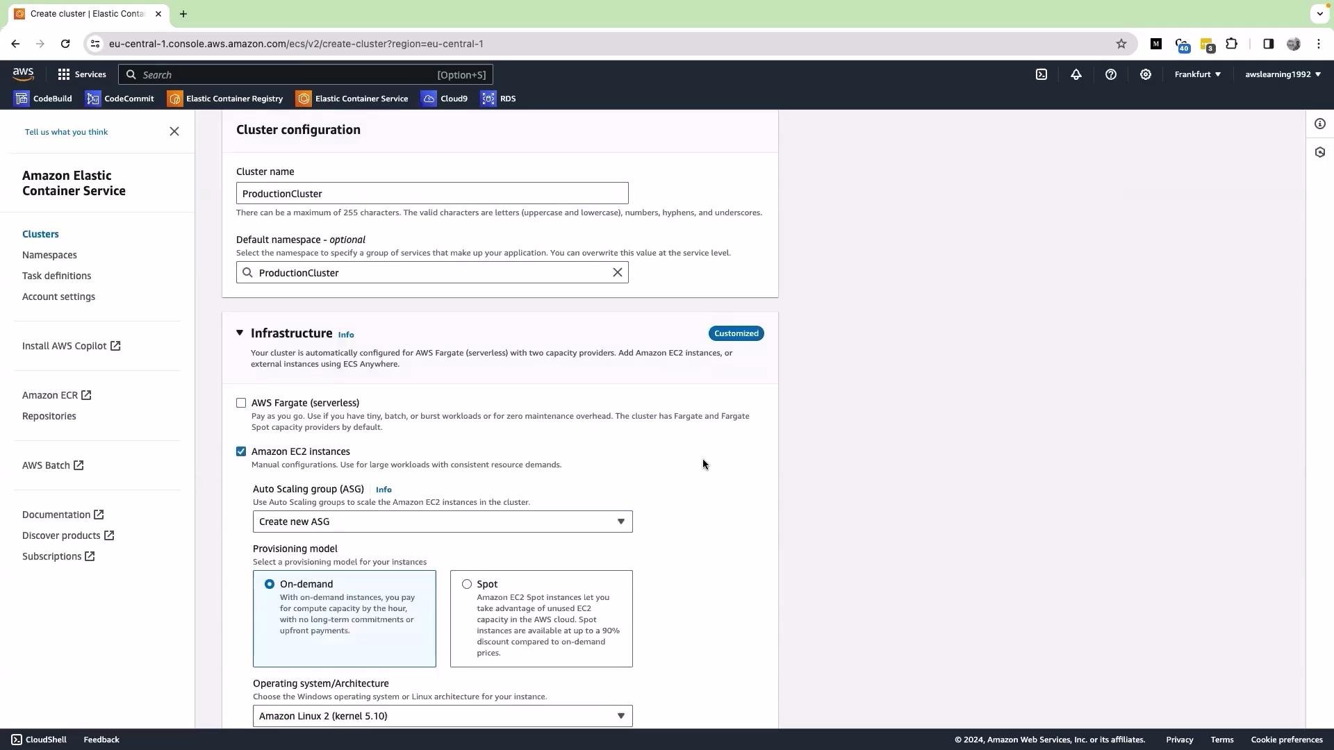 The image shows the Amazon Elastic Container Service (ECS) web interface where a user is configuring a cluster named "ProductionCluster" with infrastructure options such as AWS Fargate and Amazon EC2 instances.