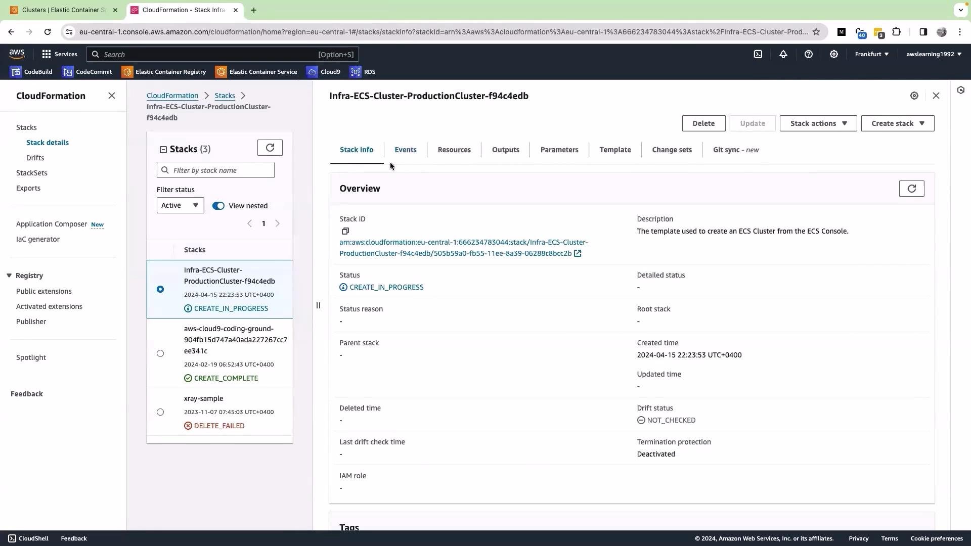 The image shows the AWS CloudFormation console with details of an ECS cluster stack labeled "Infra-ECS-Cluster-ProductionCluster-f94c4edb." The stack status is "CREATE_IN_PROGRESS," and the overview provides information such as stack ID, description, and creation time.