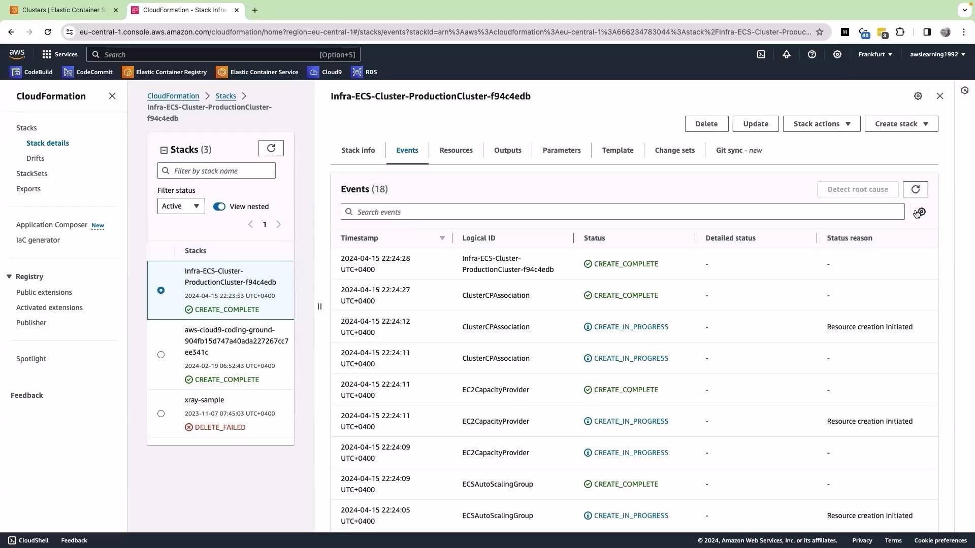 The image shows an AWS CloudFormation console displaying stack details for "Infra-ECS-Cluster-ProductionCluster-f94c4edb." The events tab highlights various stack events with their timestamps, logical IDs, and statuses, most of which indicate "CREATE_COMPLETE."